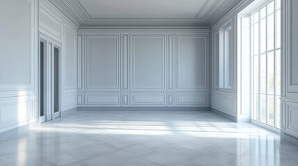A Sunlit, Empty Room With White Walls, Paneled Molding, And A Marble Floor. The Scene Is Serene And Elegant.