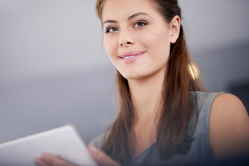 Portrait, smile and tablet with business woman at venue for event management or planning. Agenda,...
