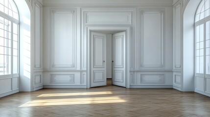 Sunlight Streams Into A Grand, Empty Room With Ornate White Walls, Hardwood Floors, And Double Doors Ajar.  It'S Elegant And Serene, Perfect For A Photoshoot.
