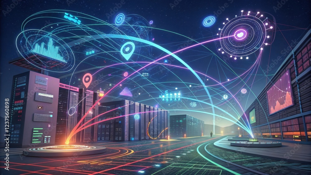 Poster a vibrant digital landscape showcasing data servers connected by colorful lines, symbolizing network