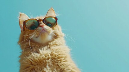 A ginger cat wearing stylish sunglasses poses confidently against a turquoise backdrop, exuding charm and a laid-back vibe. Perfect for summer promotions, pet product branding, or quirky social media