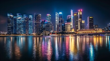 Naklejka premium Night cityscape, vibrant skyline reflection, harbor, urban scene, website banner