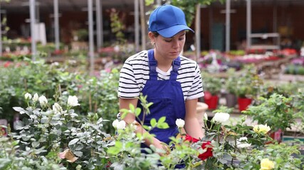 Girl employee of garden center works with white rose bushes, conducts care activities, corrects minor plant deficiencies. 