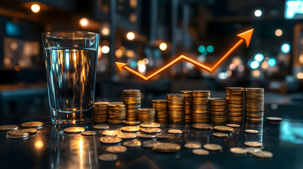 Gains on Investment Properties  Coins are strewn below a symbolic house on a bar graph that represents successful real estate investments, along with an upward red arrow.