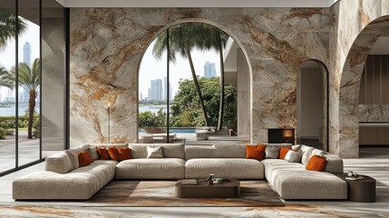 Luxury Living Room with Ocean View: Beige Sectional Sofa, Marble Walls, and Archways