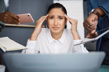 Stress, multitasking and portrait of businesswoman with laptop in office with documents for...