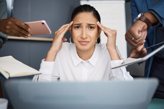 Stress, multitasking and portrait of businesswoman with laptop in office with documents for approval for team. Burnout, chaos and public relations officer with employees for deadline with paperwork.