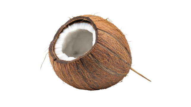 Fresh opened coconut showing white flesh on transparent background