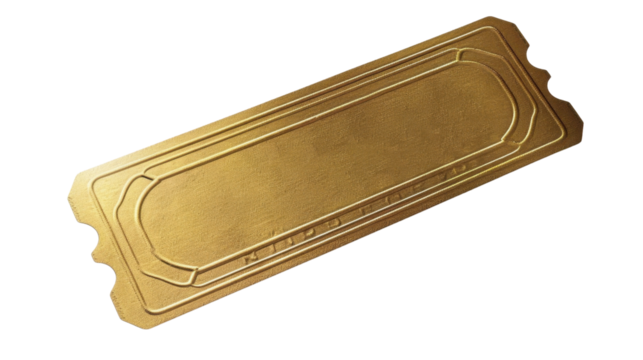 Golden ticket admit one access pass isolated on transparent background
