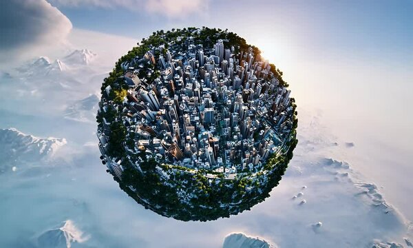 Spherical city, sunrise, clouds, eco-friendly urban design, sustainable future concept