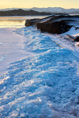 Top view of Lake Baikal covered with ice
