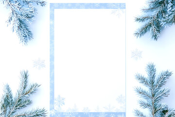 A4 vertical flyer mockup, light blue and white color scheme with snowflakes, blank center area for text, snow-covered forest border design, winter wonderland theme