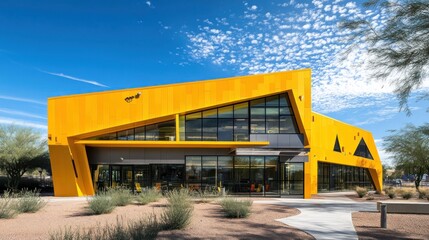 Modern yellow building, sunny day, desert landscape, community center