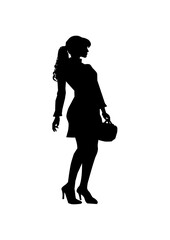 Vector illustration of woman silhouette with long hair and bag. Stylish and dynamic pose.