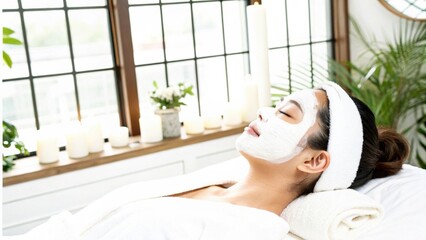 A woman enjoys a relaxing facial treatment in a serene, well-lit spa environment, promoting wellness and skincare.
