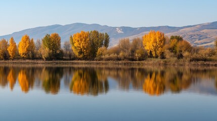 Fototapeta premium Serene Autumn Landscape with Reflections of Vibrant Trees on Calm Lake Water : Generative AI