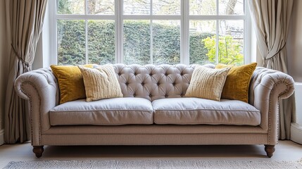 A Comfy Light Beige Sofa With Mustard Yellow And Beige Pillows Sits In Front Of A Large Window Overlooking A Lush Green Garden. The Scene Is Serene And Inviting.