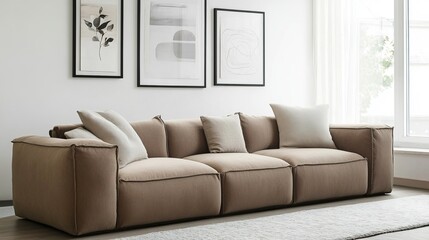 Fototapeta premium A Cozy, Light-Filled Living Room Features A Beige Modular Sofa With Soft Cushions, Complemented By Minimalist Artwork And A Light Rug. The Overall Vibe Is Calm And Serene.