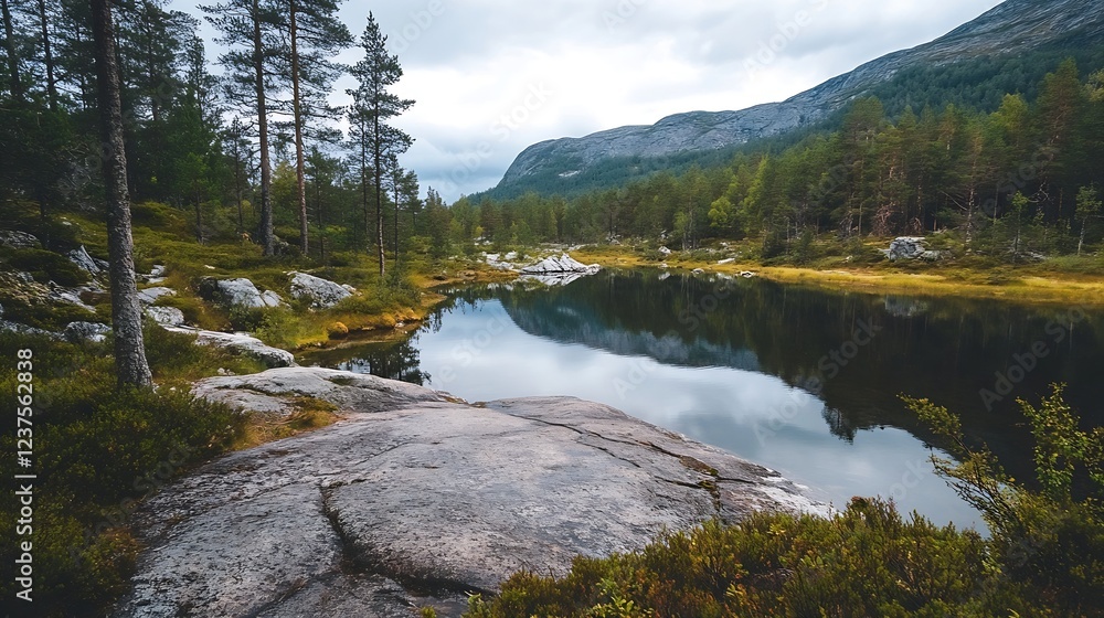 Poster tranquil lake surrounded by pine trees and rocky terrain : generative ai