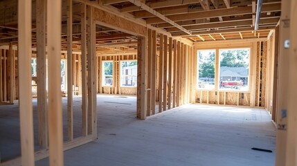 Sunny Wood Frame Construction of a House in an Open Development Area : Generative AI