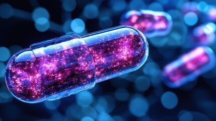 Microscopic view of glowing capsules containing nanobots, futuristic medicine concept.