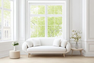 Bright Airy Living Room with Sofa, Coffee Table, White Walls and Flower Vase. Minimalist Style Enhanced by Natural Lighting and Pastel Palette.