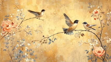Birds on branches, roses, textured background; home decor