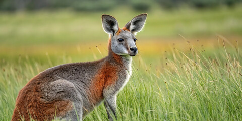 Fototapeta premium A Red-Necked Kangaroo in the Grass, Capturing the Essence of Australian Wildlife