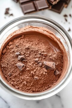 Rich Cocoa Powder in Glass Bowl with Chocolate Chunks for Baking : Generative AI