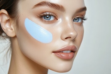 Portrait of a smiling young woman Beauty model is touching her cheekbones showcasing skincare and facelift treatment against a white backdrop
