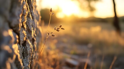 Golden Hour Closeup of Dry Plant Against Tree Trunk : Generative AI