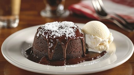 Decadent chocolate lava cake dusted with powdered sugar, accompanied by a scoop of ice cream on a white plate.
