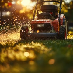 Vibrant Lawn Mower in Action on a Sunny Day in Green Backyard
