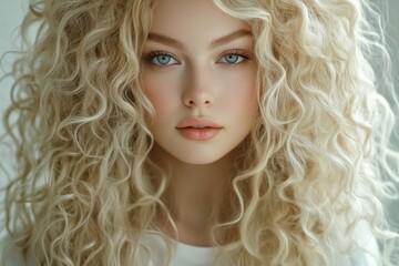 Fototapeta premium Portrait of a young attractive woman with long curly blonde hair and flawless makeup