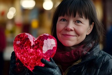 Commercial promotion creative design idea design. Sign of love and affection. Adult valentine's day greeting card: midlife woman with smirk face holds red heart in hands. Romantic hugs photos.