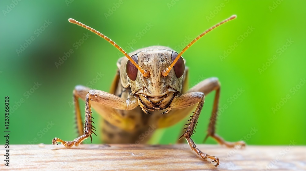 Poster CloseUp of Curious Grasshopper Facing Forward with Vibrant Background : Generative AI