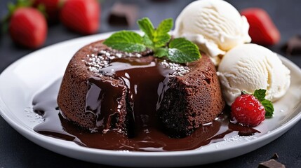 Indulgent chocolate lava cake with warm chocolate sauce flowing out, plated beside ice cream.