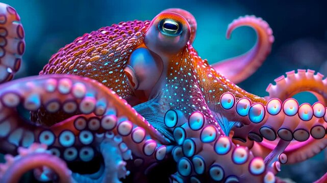 Vibrant Octopus Underwater Close-Up: A mesmerizing view of an octopus in its vibrant underwater habitat.