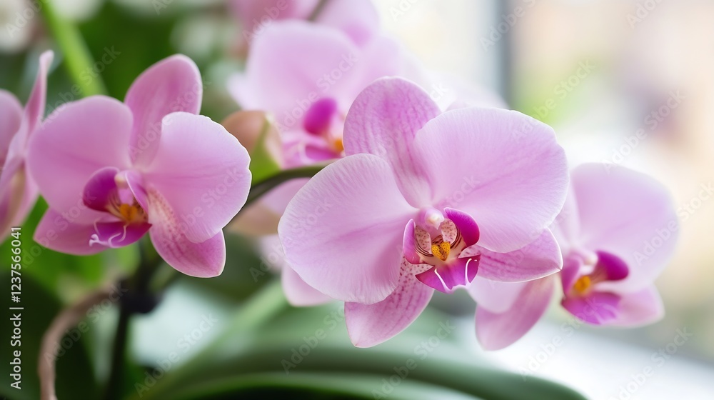 Poster pink orchids in bloom capturing elegance and exotic beauty against a soft focused indoor background 