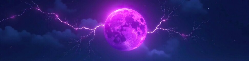 Obraz premium Purple circle is illuminated by striking bolts of lightning in the darkness, light, strike,