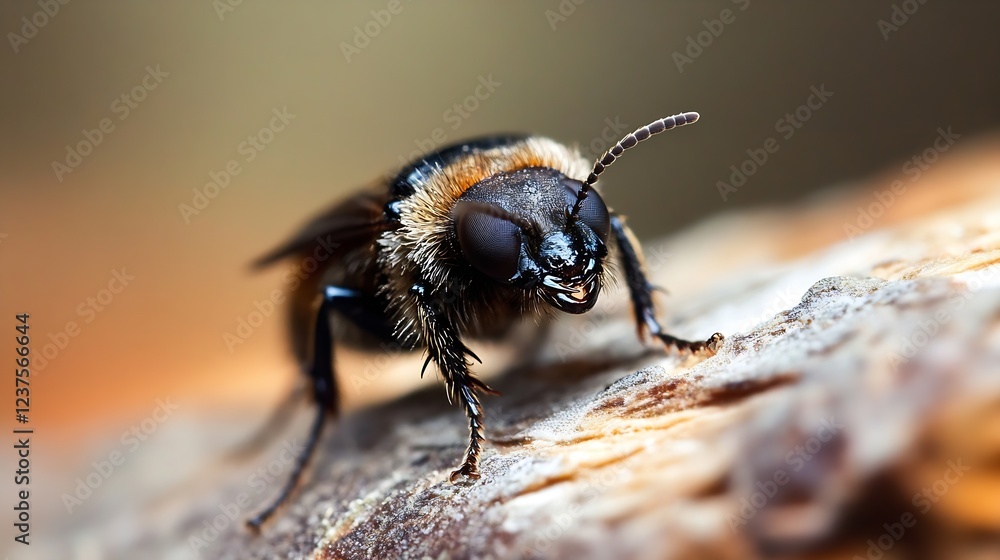 Poster detailed closeup of a small black insect on bark with rustic background : generative ai
