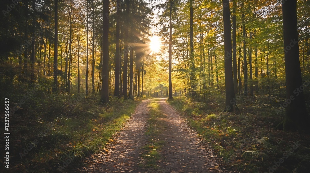 Poster sunlit forest pathway amidst tall trees in autumn highlighting nature's splendor and peace : generat