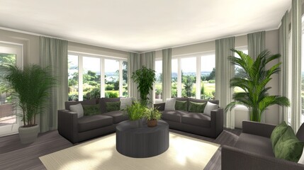 Modern Living Room Design with Greenery and Large Windows