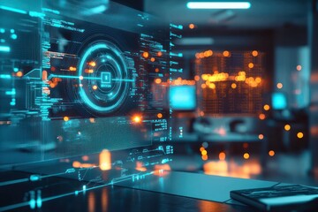 Cybersecurity operations monitored through holographic alerts in a modern center.