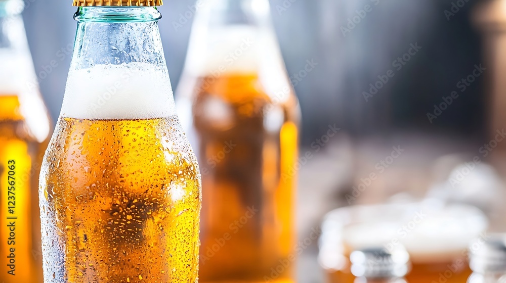 Poster Collection of Frosty Bottles of Beer with Refreshing Foam on Top : Generative AI