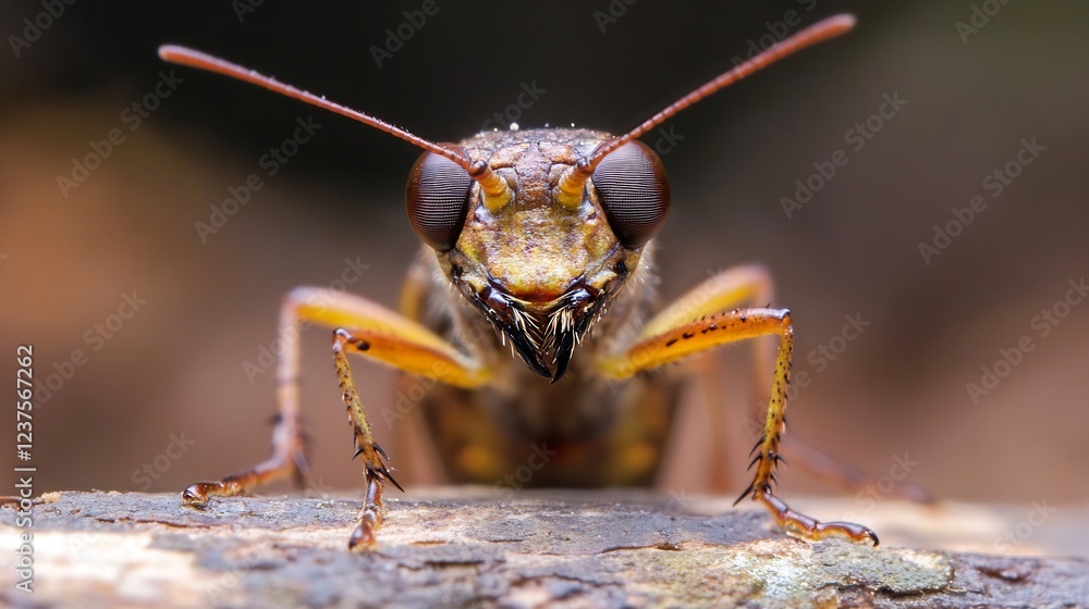 Poster upclose frontal view of an insect on a wooden branch in its natural habitat : generative ai