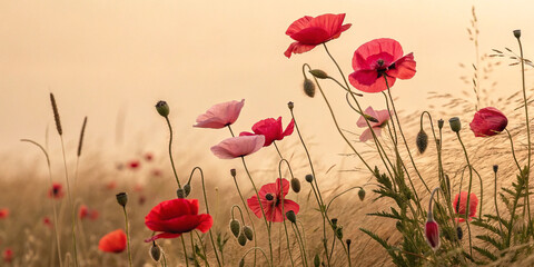 Naklejka premium Beautiful Red and Pink Poppies on a Beige Background for Floral Design