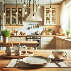 Modern kitchen interior with utensils, sink, and furniture, featuring a clean and stylish design with wooden accents and luxury decor