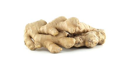 Fresh ginger root Zingiber officinale lying on white background