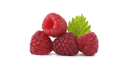 Fresh Ripe Raspberries with Leaf on White Background